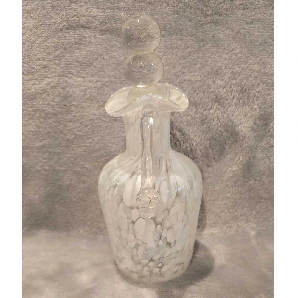 Vintage‎ White Confetti Spatter Hand Blown Glass Cruet Decanter with Stopper